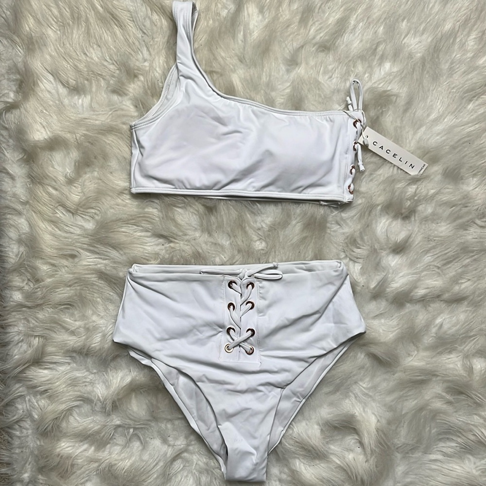 White 2 piece one shoulder swimsuit